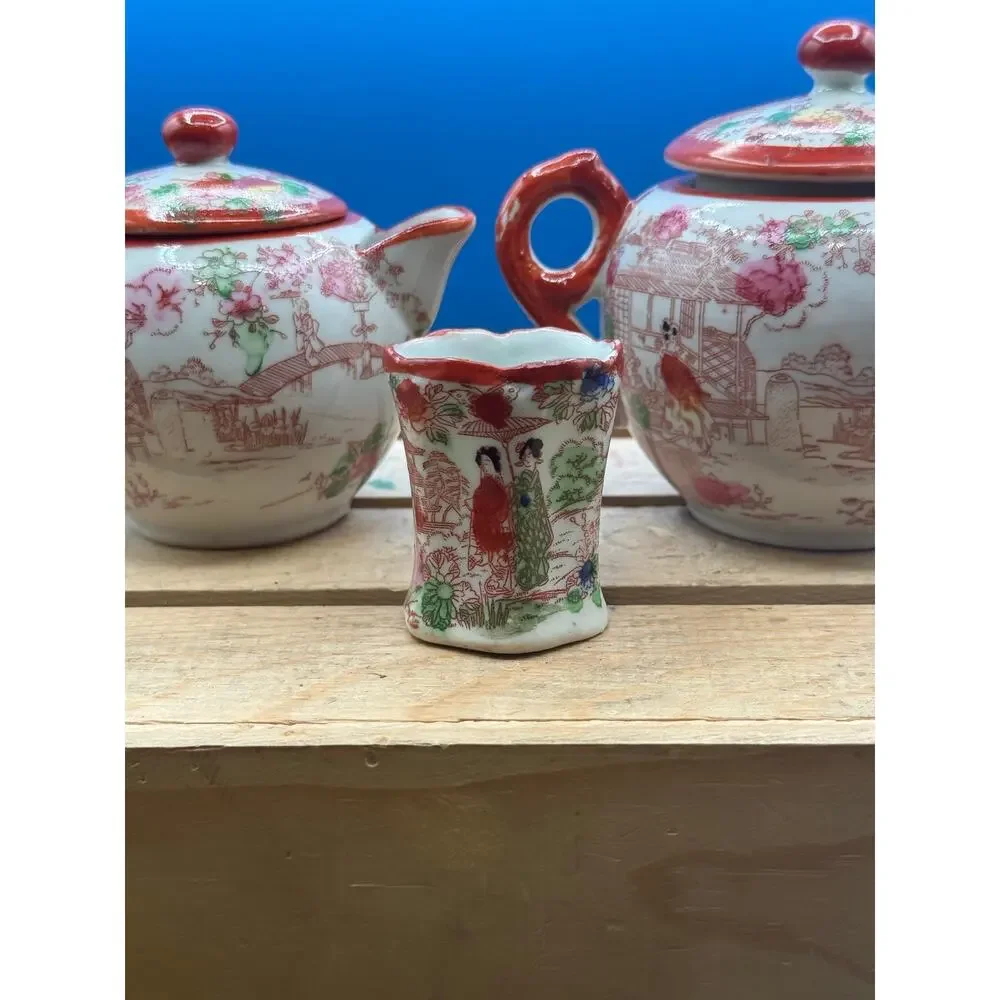 Vintage Kutani Porcelain Miniature Tea Set - Geisha/Garden Motif-3Piece Part Set